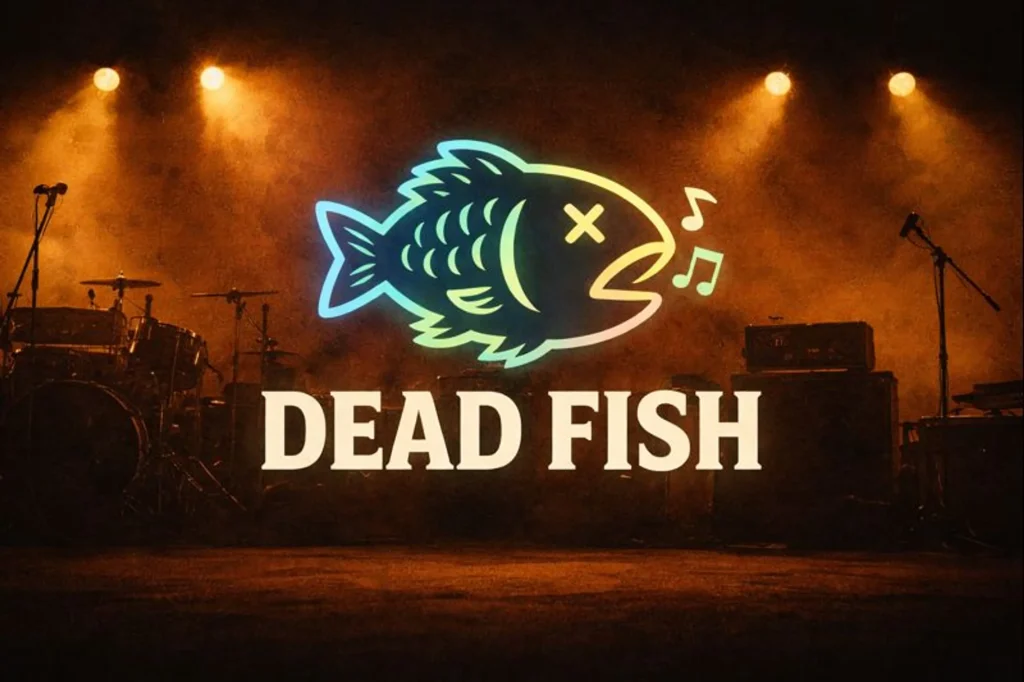 Stage backdrop featuring a neon fish logo with gradient blue-to-green outline, musical notes, and 'DEAD FISH' text beneath; drum kit and microphones on a warm amber-lit stage behind the logo.